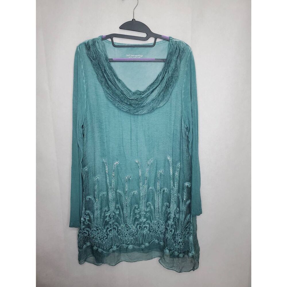 Soft Surroundings Silk Beaux Arts Cowl Neck Embellished Green Fairy Tunic Top - Picture 6 of 6